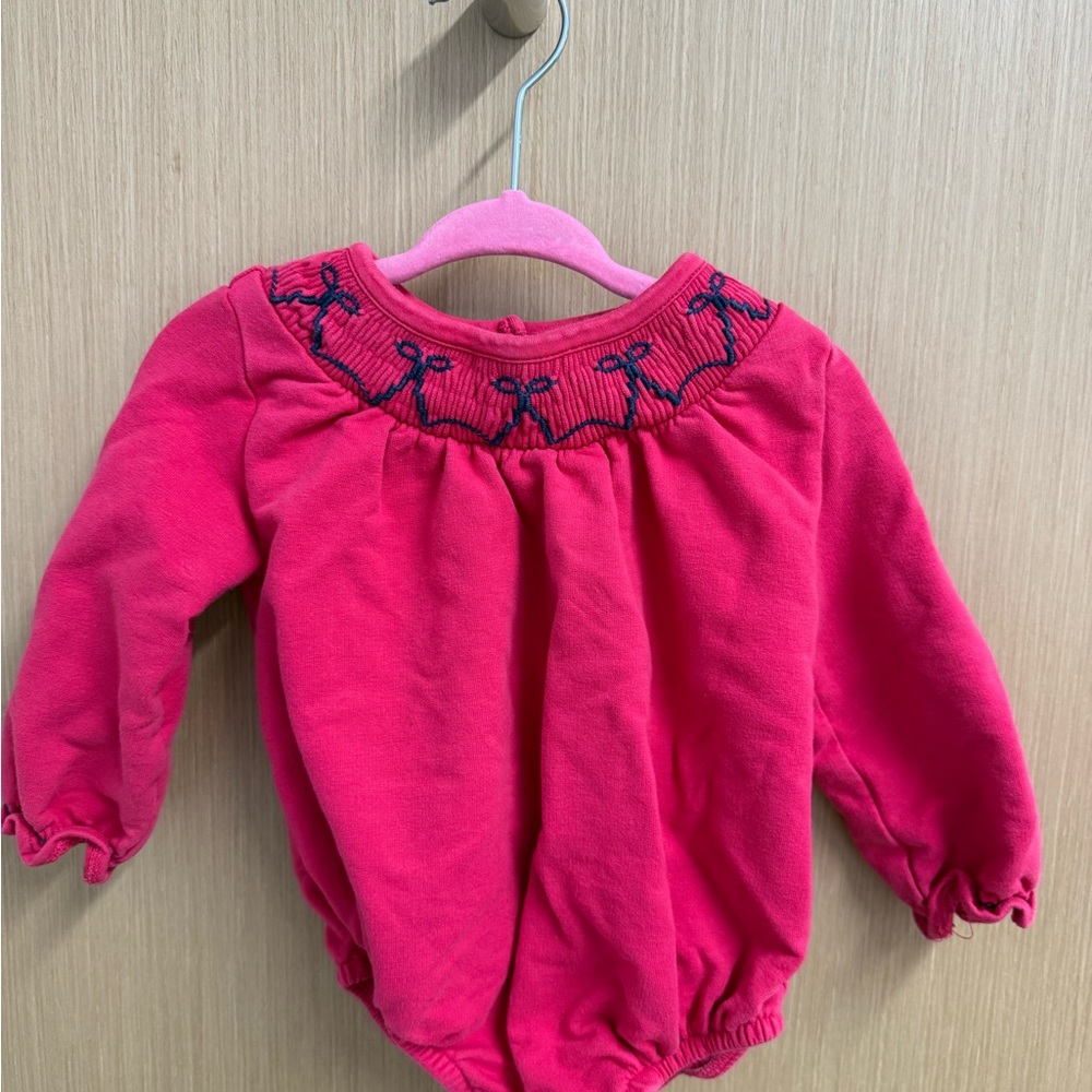 The Beaufort Bonnet Company Pink Baby Snap Top with Navy Bow Embroidery